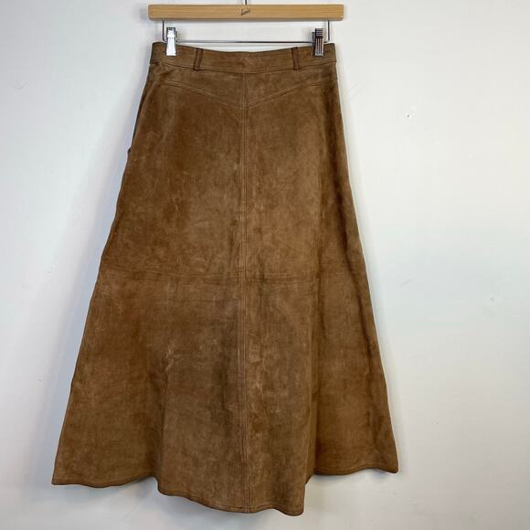 Vintage Tanner Brown Tan Suede Leather Midi A-line Snap Front Skirt Womens 8 26 - Picture 8 of 11